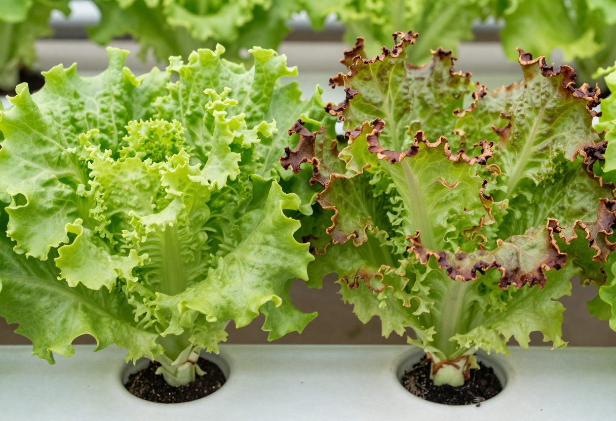 Two hydroponic lettuce leaves side by side, one healthy and green and one with brown burnt tips