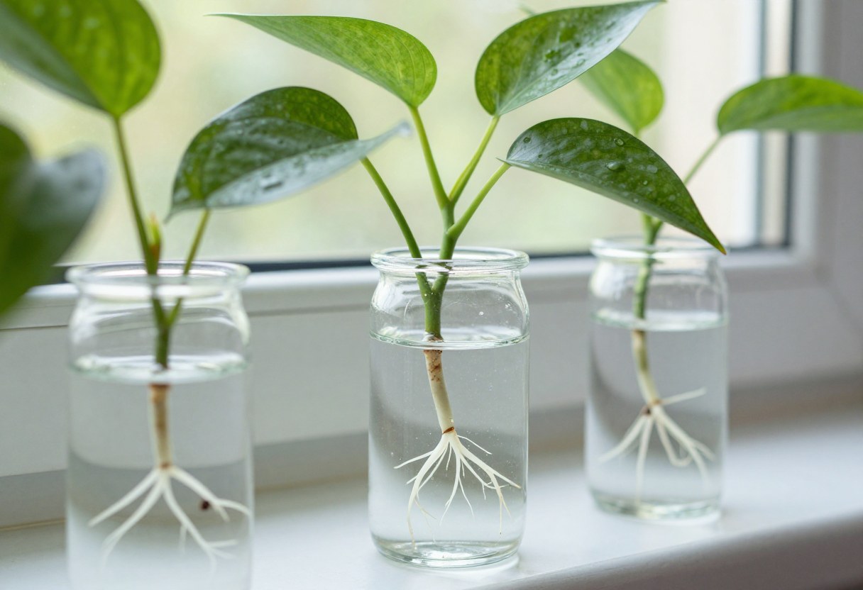 Pothos stem cuttings with visible white roots growing in glass jars of water on a windowsill