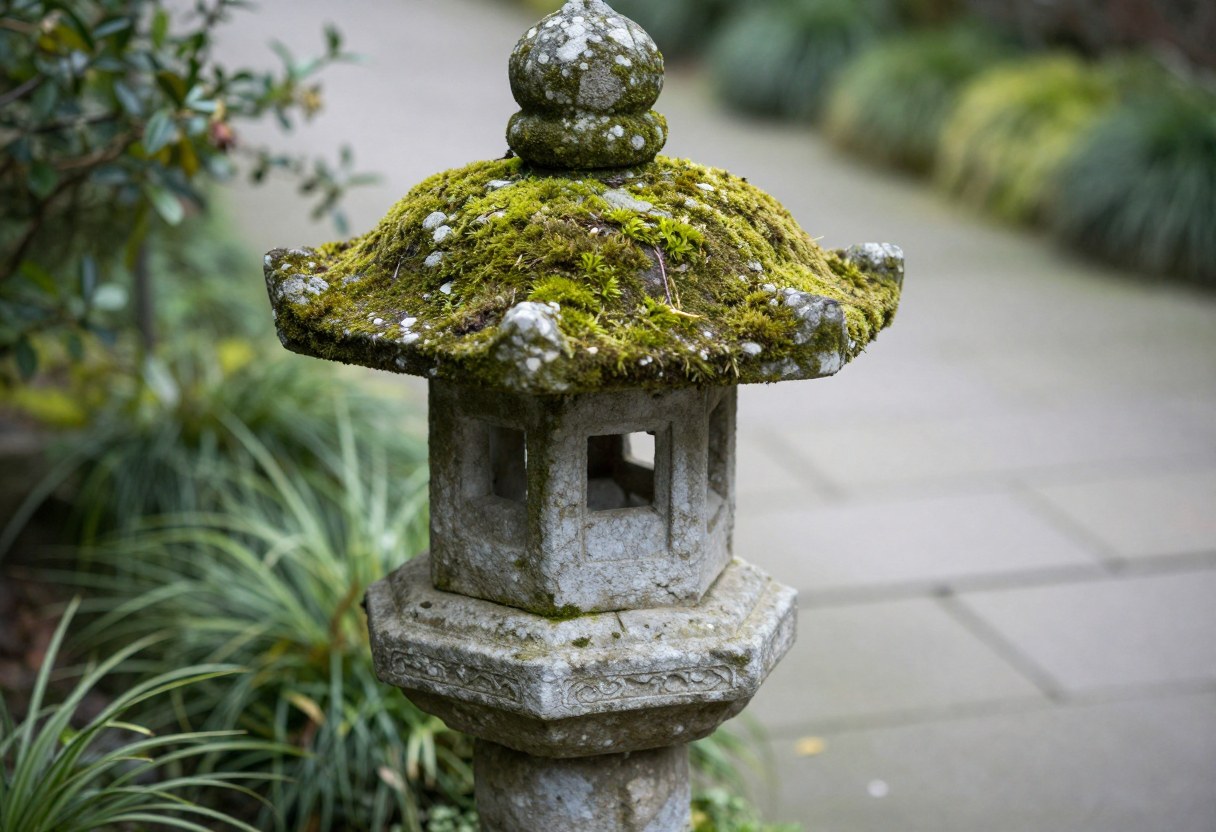 A weathered stone lantern with moss growing on its surface beside a garden path