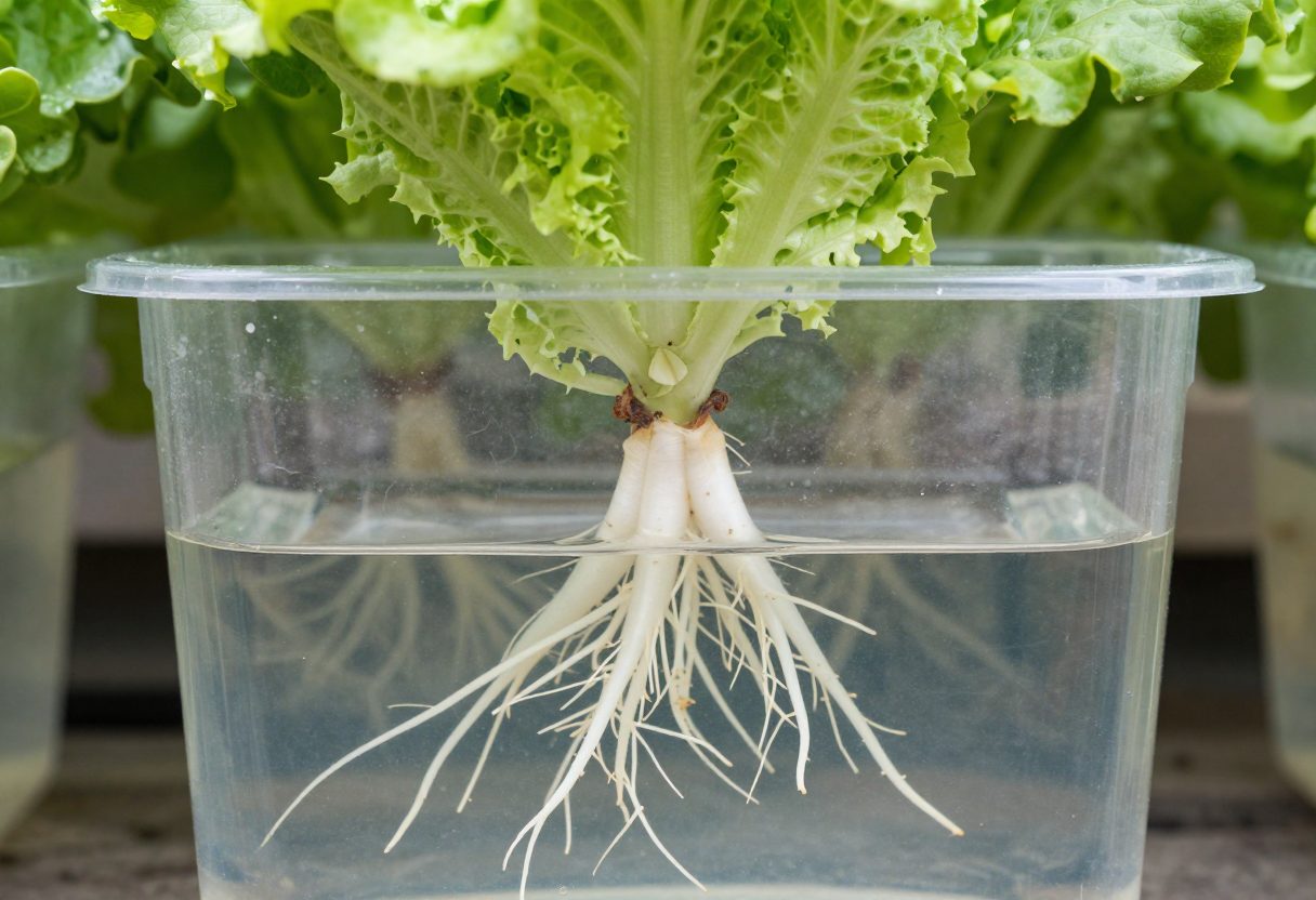 A clear container showing a plant with roots partly in the air gap and partly in the nutrient solution