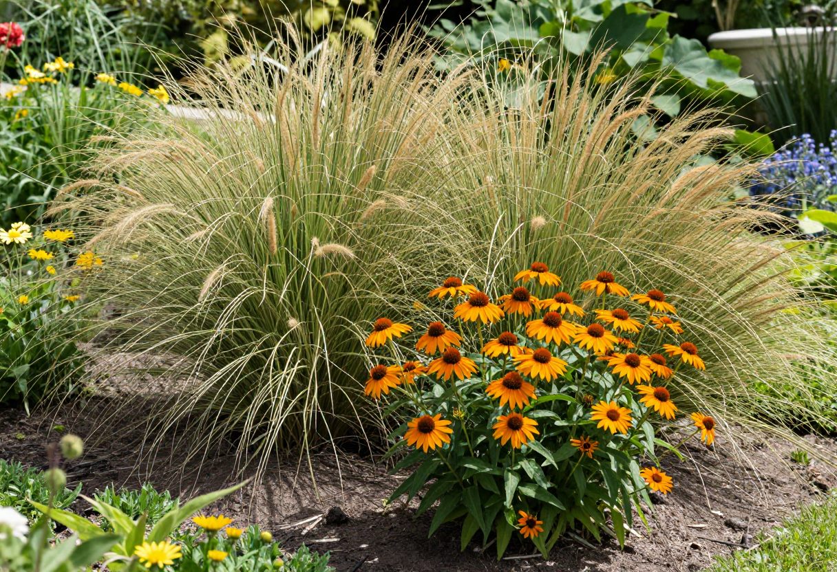 Drought-tolerant ornamental grasses and coneflowers thriving in a low-water garden bed