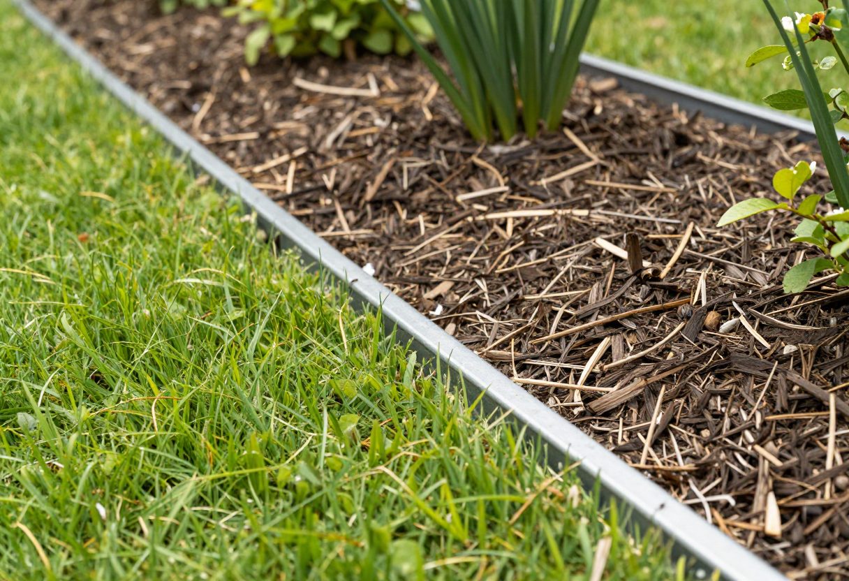 Clean steel edging separating a mulched garden bed from a lawn area