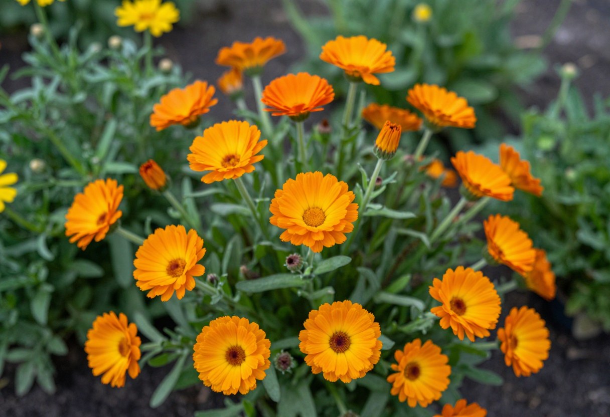 Bright orange and gold calendula daisy flowers blooming in a medicinal herb garden