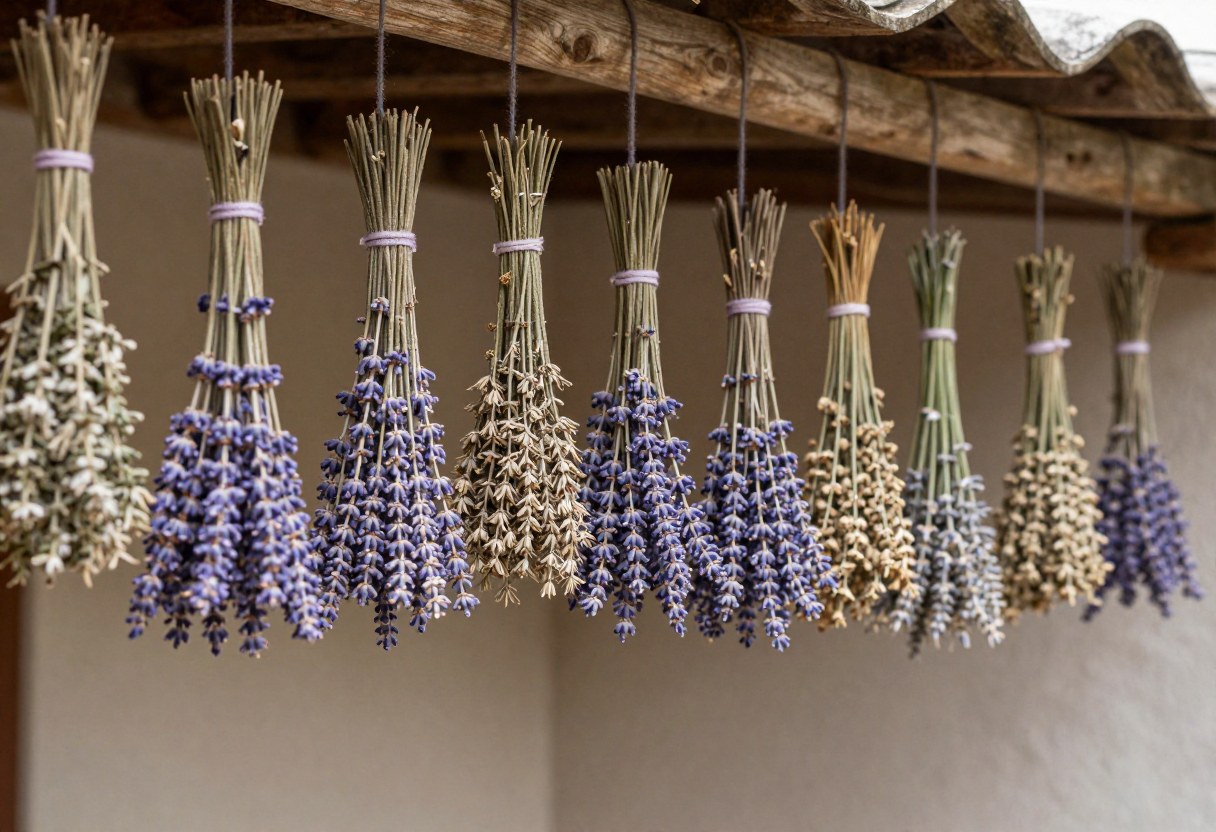 Bundles of lavender and herbs hanging upside down to air dry in a rustic room