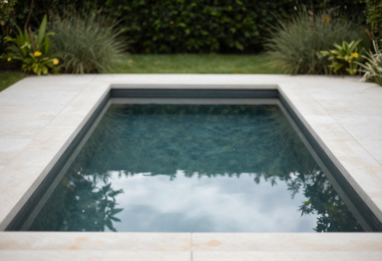 A shallow rectangular reflecting pool with a dark bottom mirroring the sky and a single tree above it