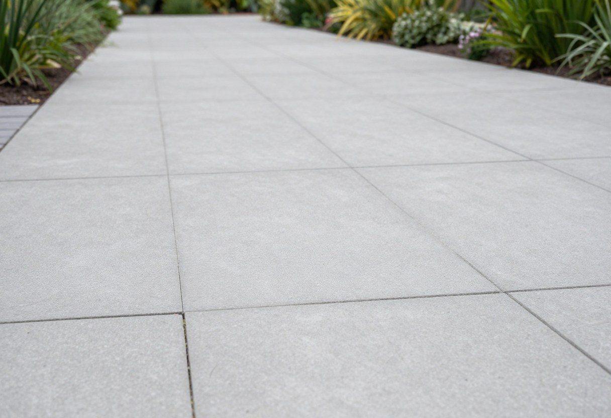 Large-format smooth concrete pavers forming a clean architectural garden path with minimal joints
