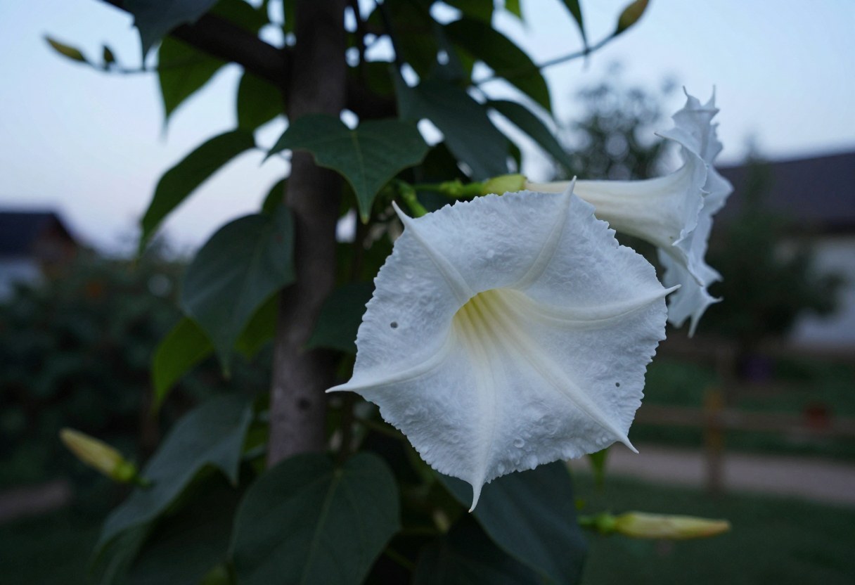 Large white moonflower blooms unfurling on a climbing vine trellis at dusk