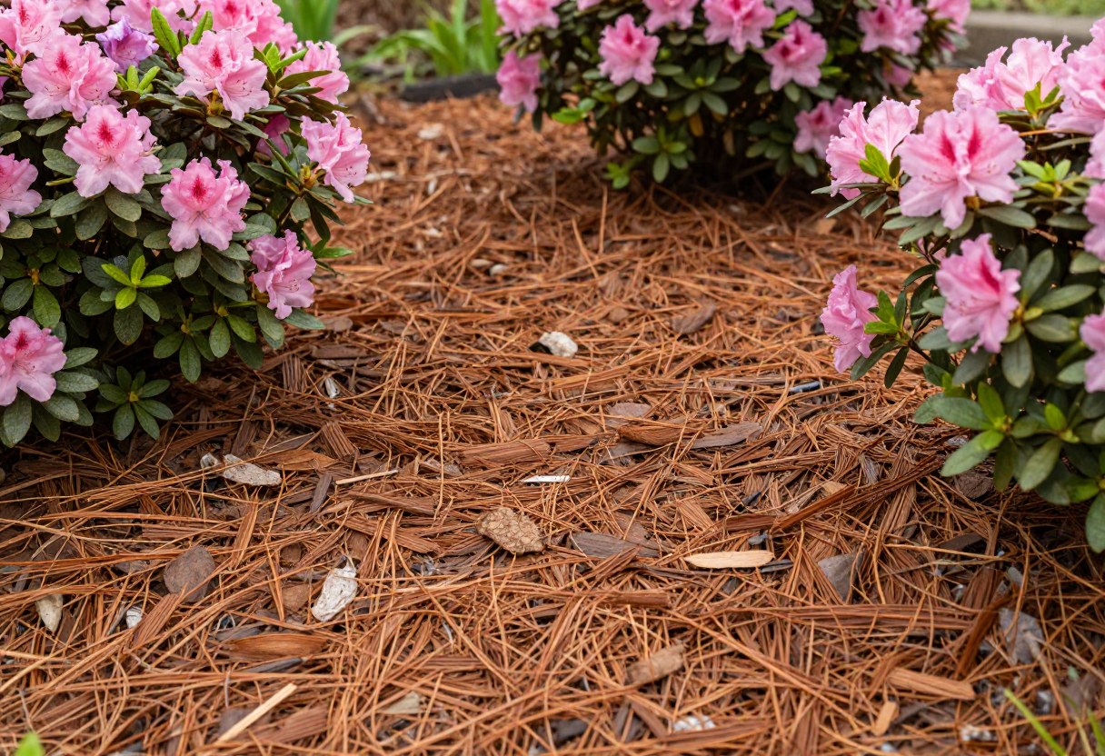 A layer of reddish-brown pine needle mulch spread around azalea shrubs