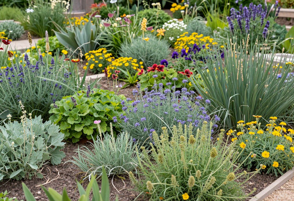 A thriving native perennial garden bed requiring minimal irrigation, with drought-tolerant blooms