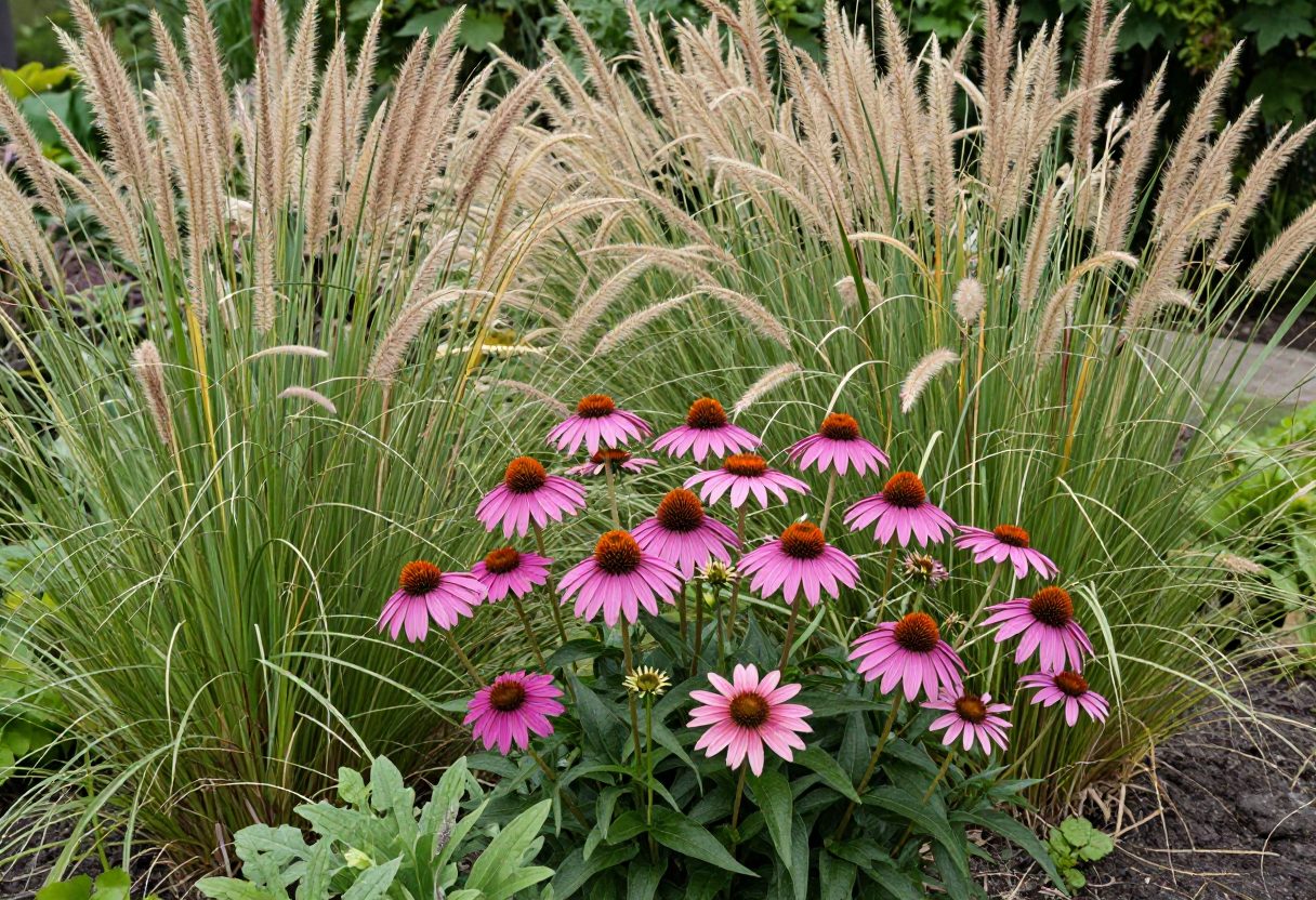 Purple coneflowers and little bluestem grass growing together in a native garden bed