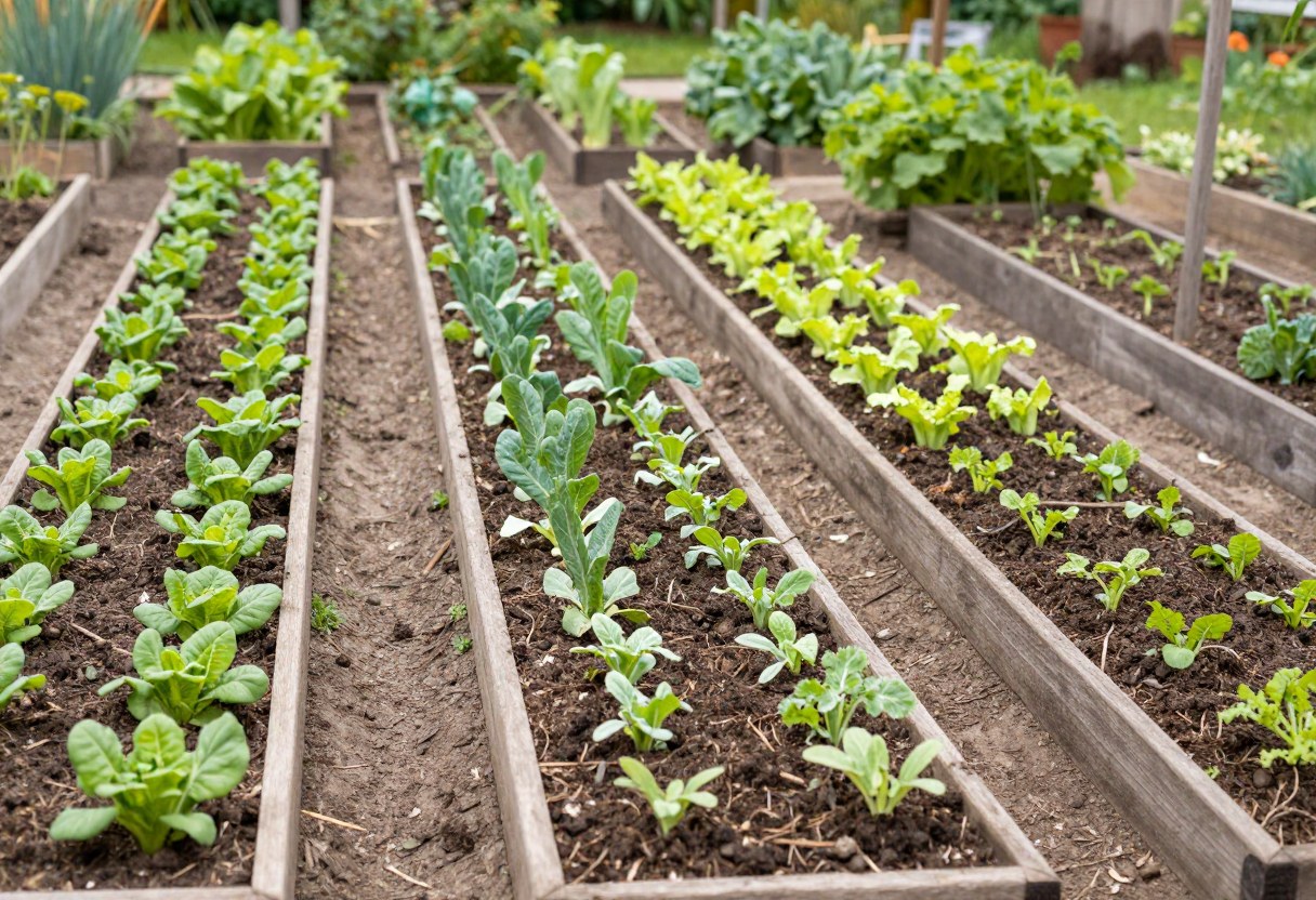 Permanent no-dig garden beds with narrow walking paths between them, vegetables growing in neat rows