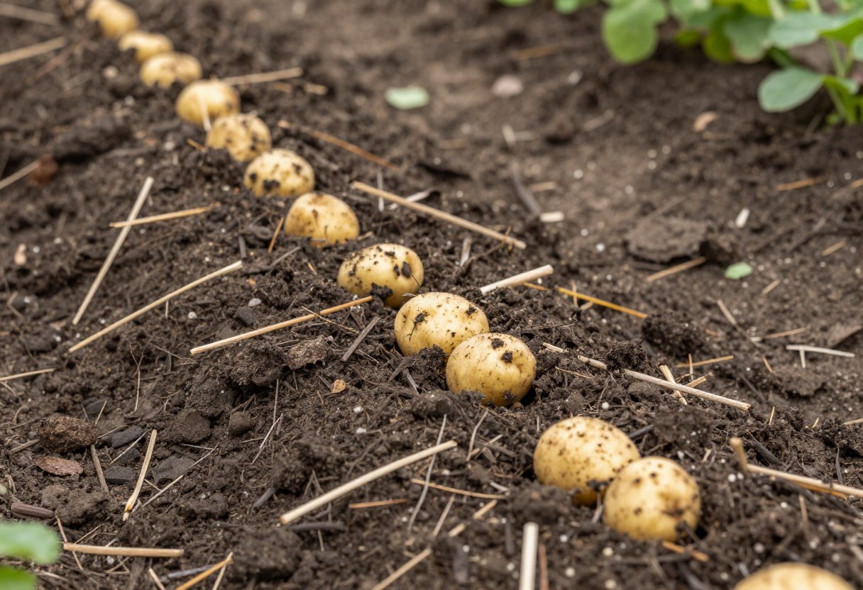 Straw pulled back to reveal potatoes growing on top of a compost bed surface