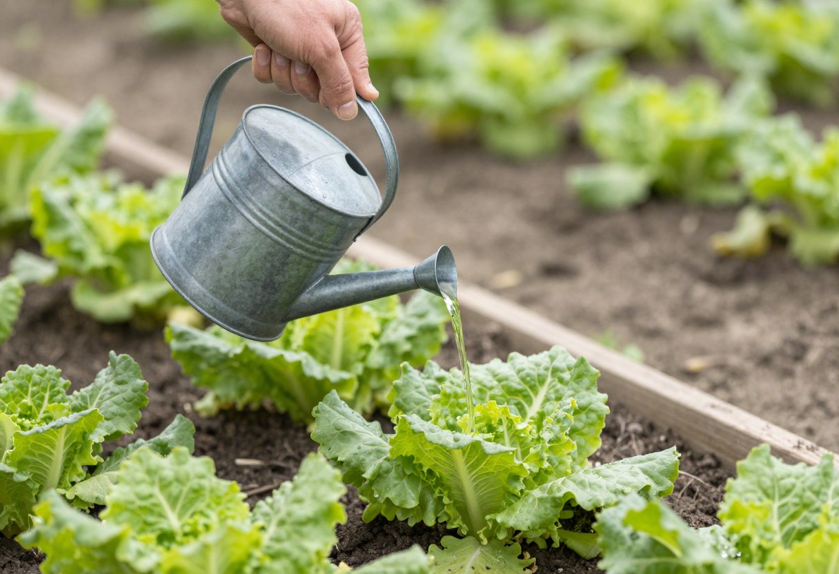 A gardener pouring diluted liquid fertilizer from a watering can onto leafy vegetable plants in a garden bed