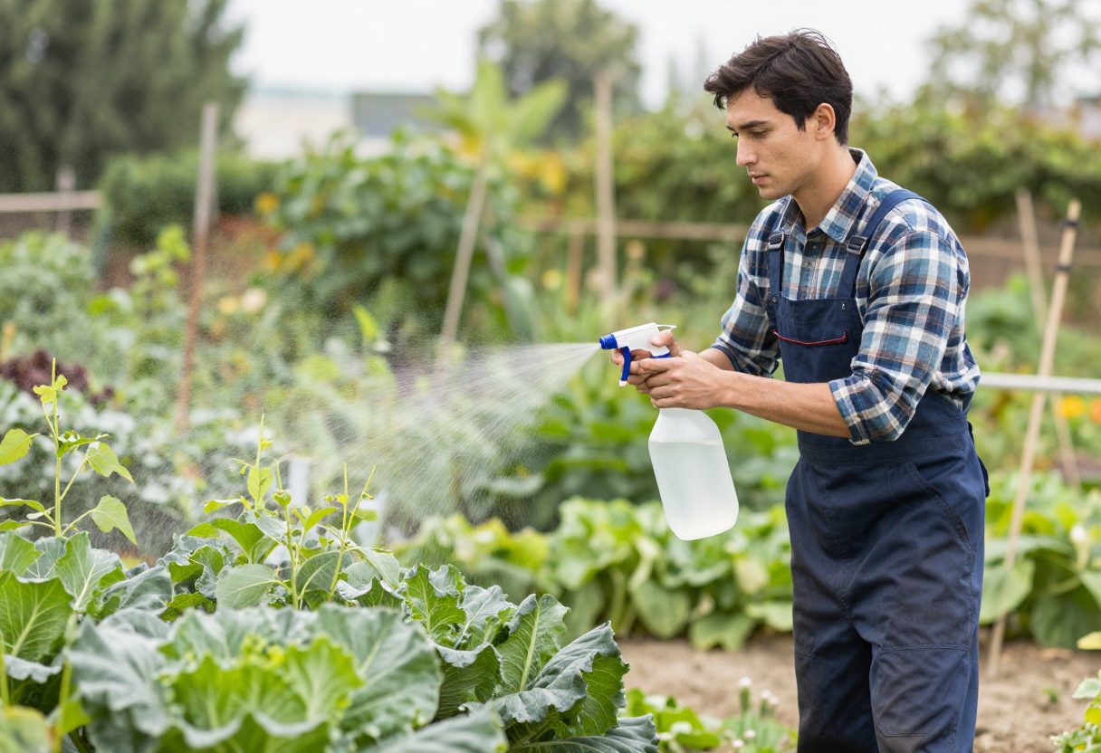 A gardener spraying neem oil solution onto plant leaves with a hand sprayer