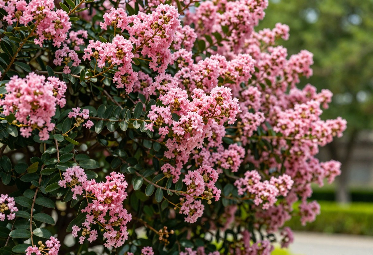 A crape myrtle tree covered in crinkled pink flower panicles blooming in midsummer