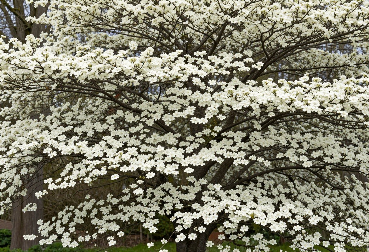 A flowering dogwood tree covered in horizontal tiers of white bracts against bare branches