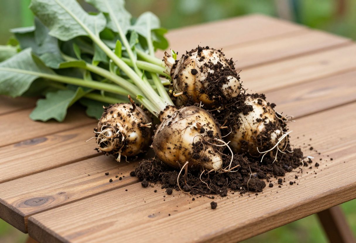 Freshly dug dahlia tuber clump with soil still clinging to the roots, laid on a garden table