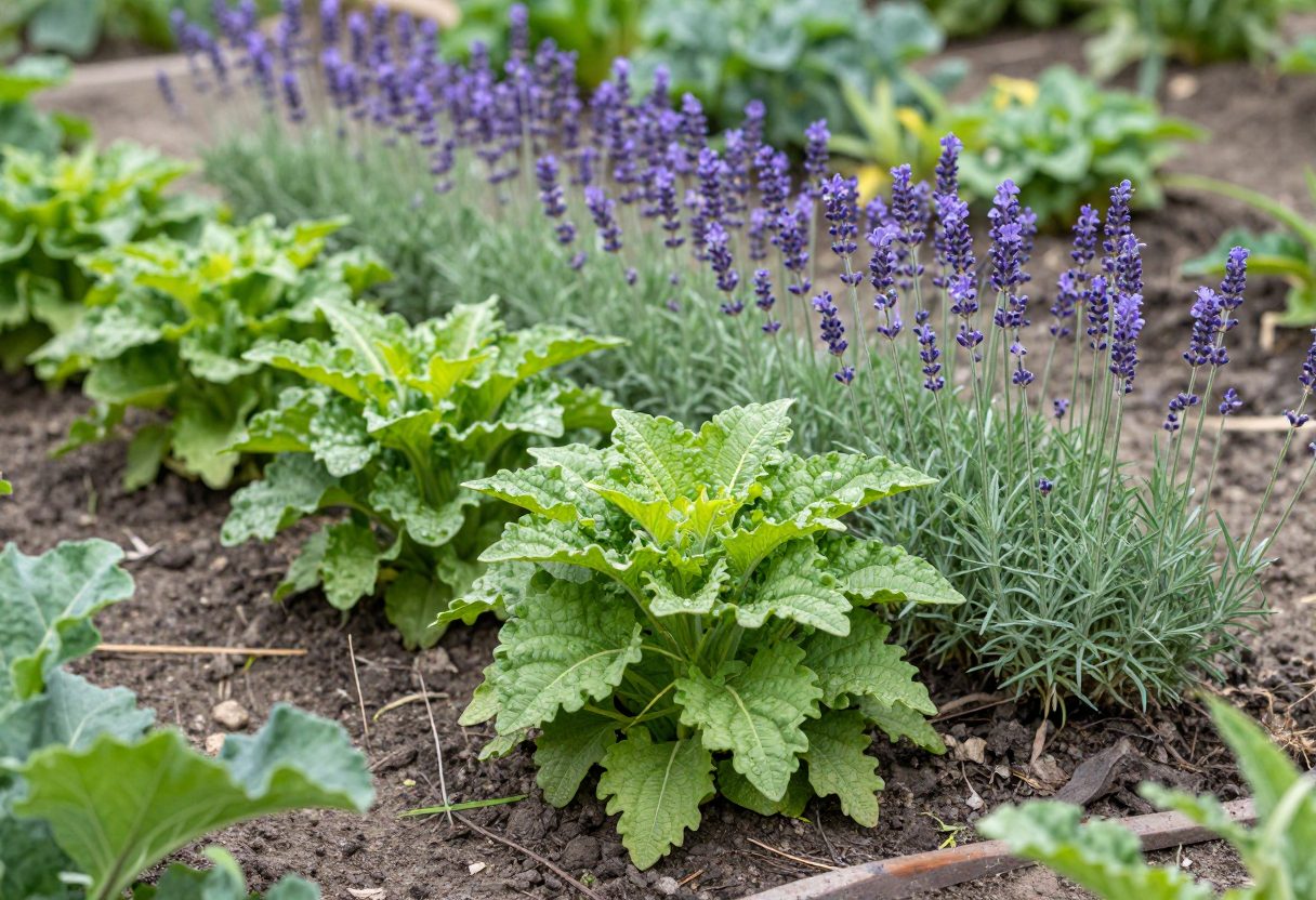 A garden border planted with catnip and lavender at the edge of a vegetable bed