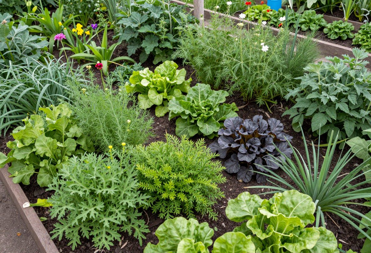 A diverse vegetable garden bed with mixed herbs, flowers, and vegetables growing together