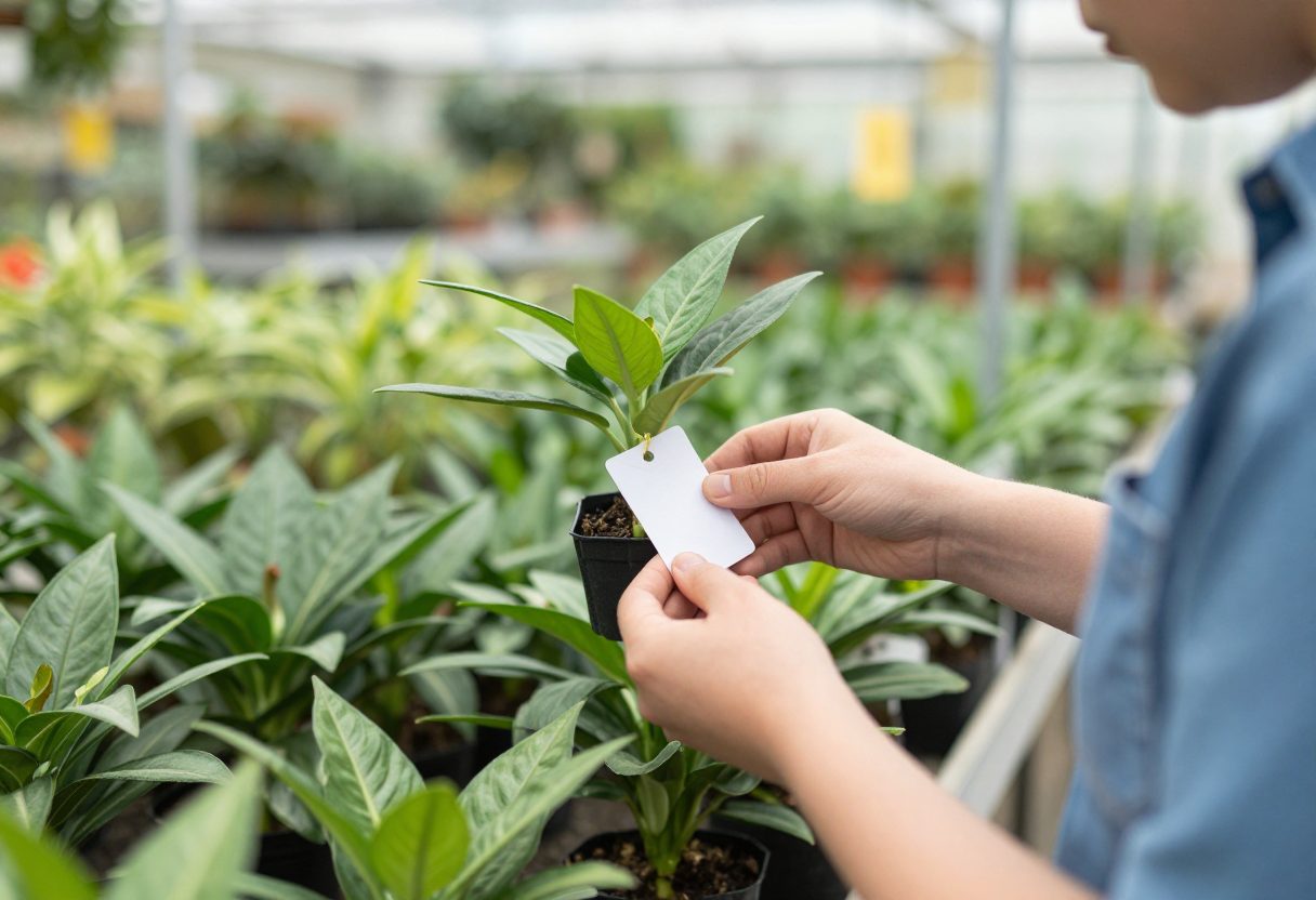 A person checking a plant identification tag while shopping at a garden nursery