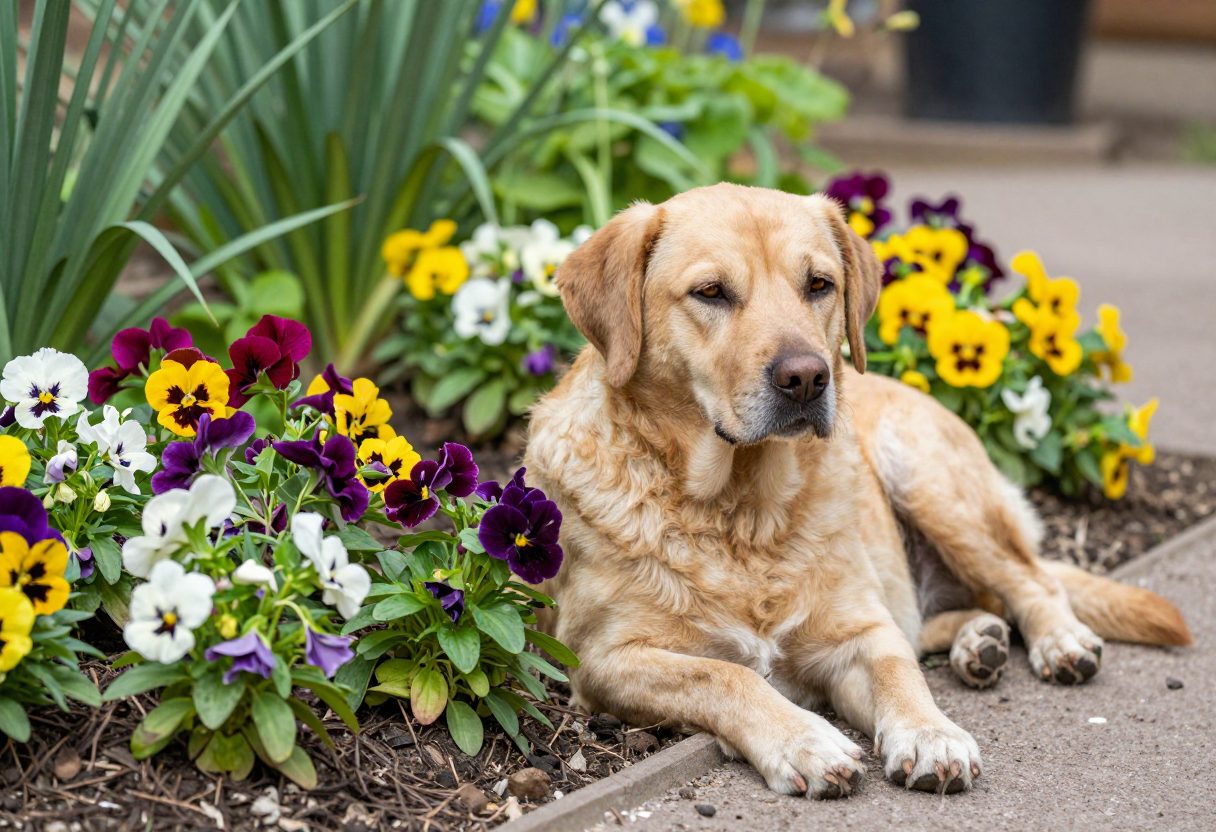 A dog resting calmly beside a garden bed planted with safe, non-toxic flowers