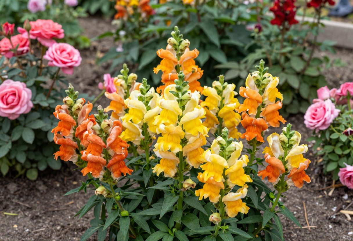 Colorful snapdragons and roses blooming in a garden bed as pet-safe alternatives to lilies