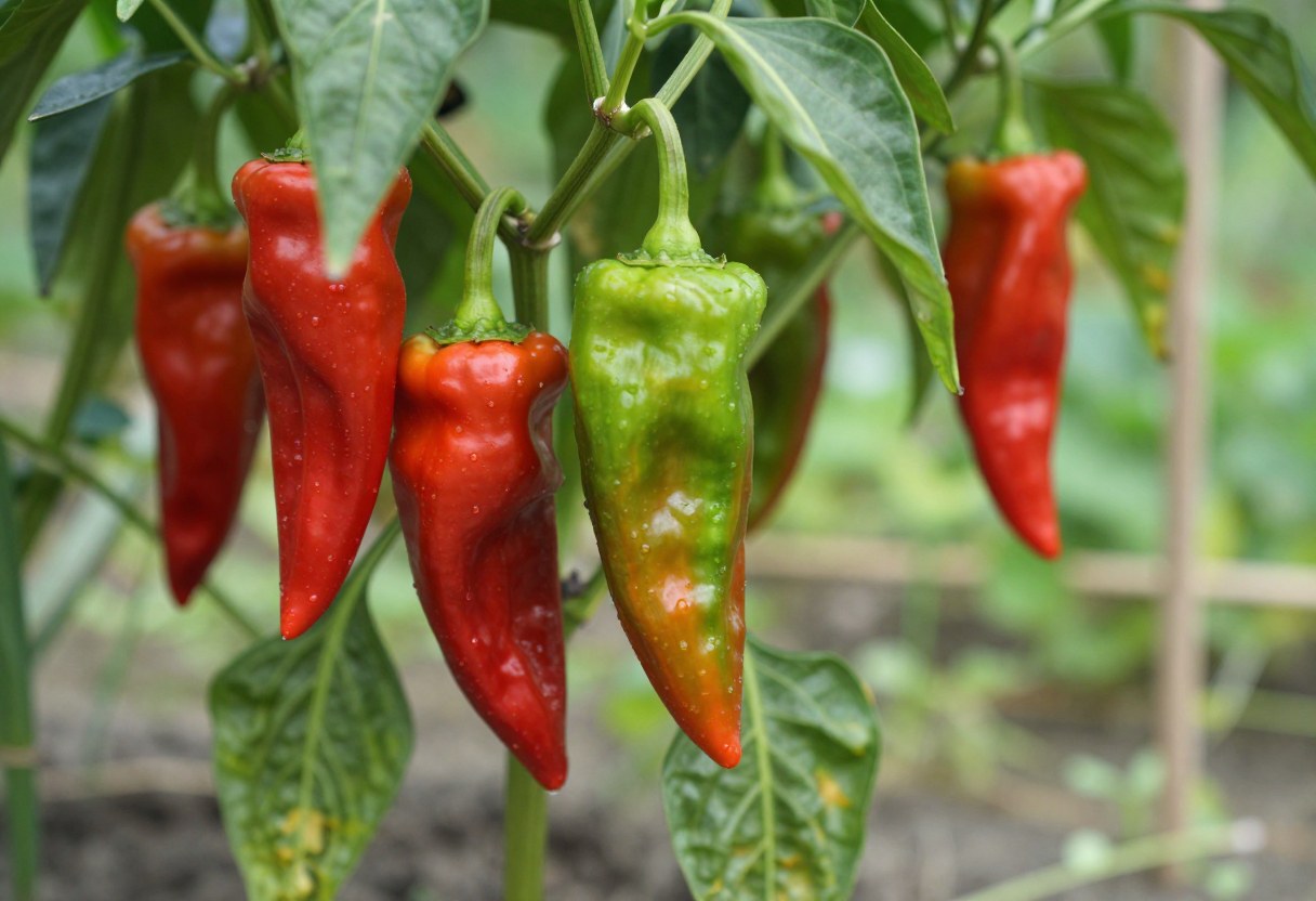 Long tapered red and green Italian frying peppers hanging from a pepper plant