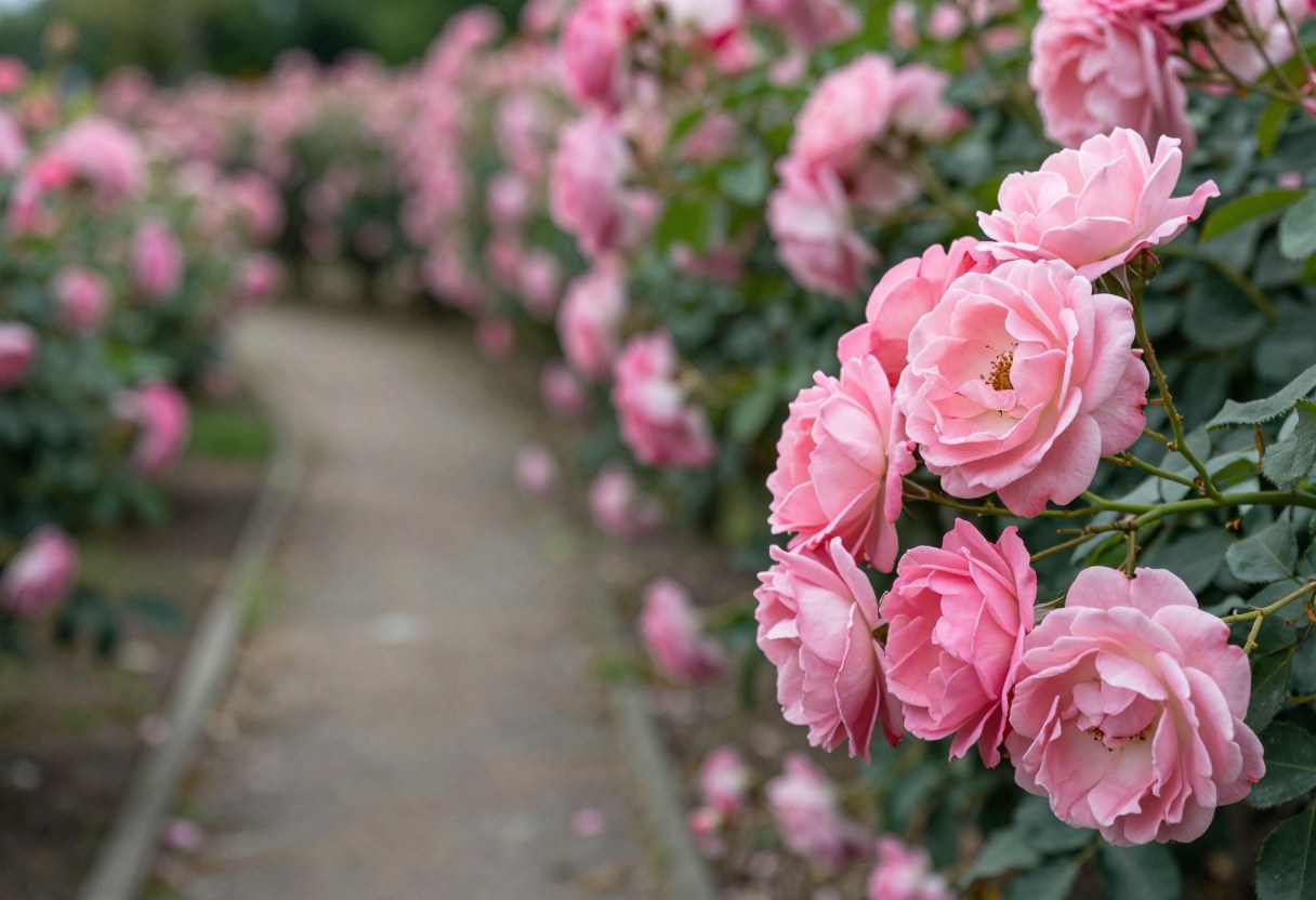 A garden path lined with blooming pink roses, close up of open rose blossoms with soft petals