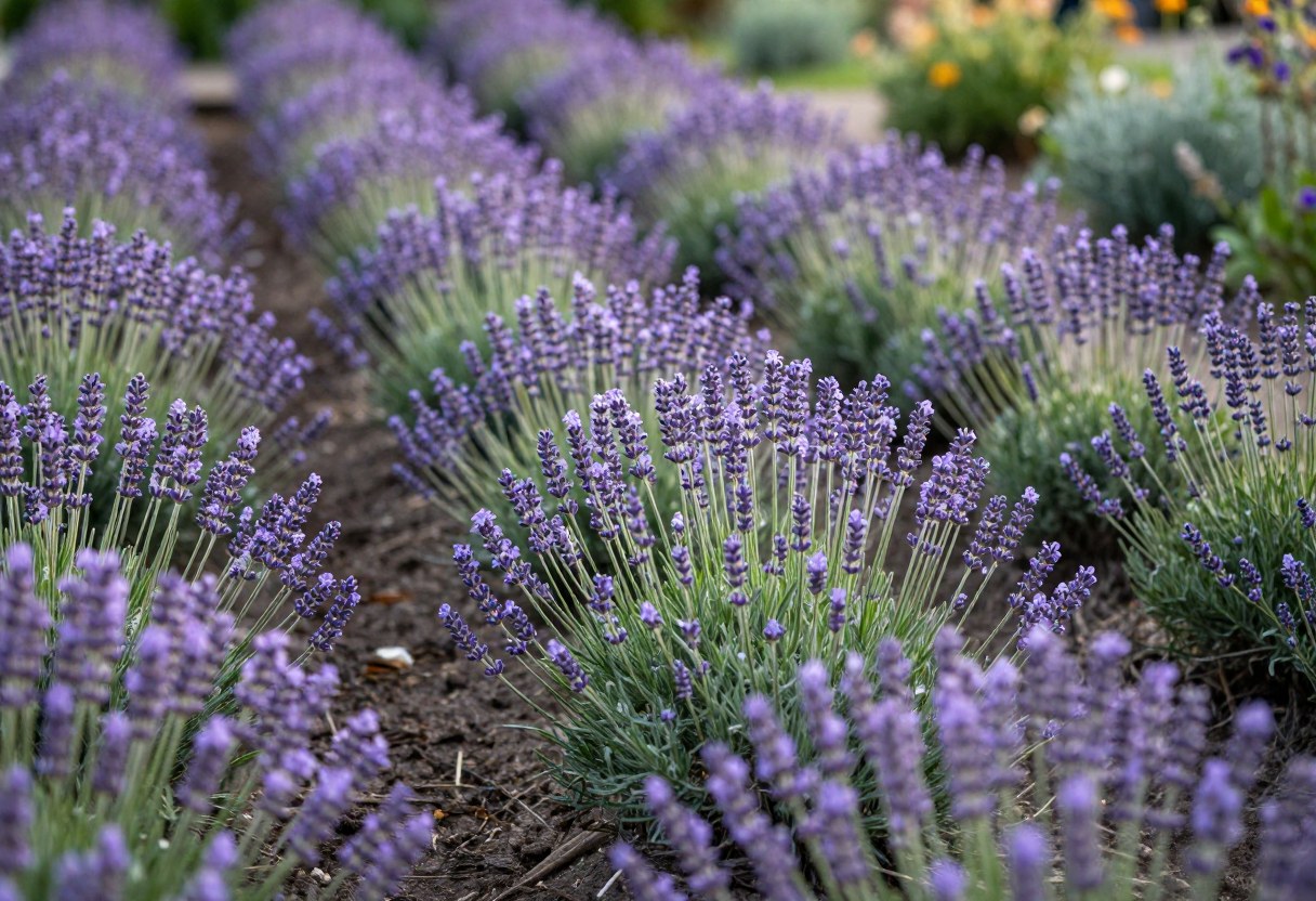 Neat rows of blooming lavender plants in a garden bed, purple flower spikes in soft afternoon light