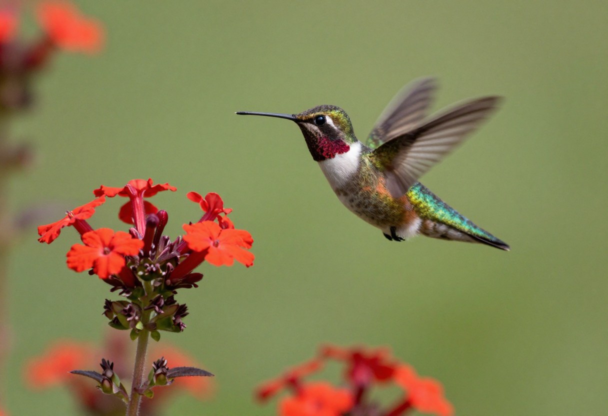 A hummingbird hovering near bright red bee balm flowers in a garden border