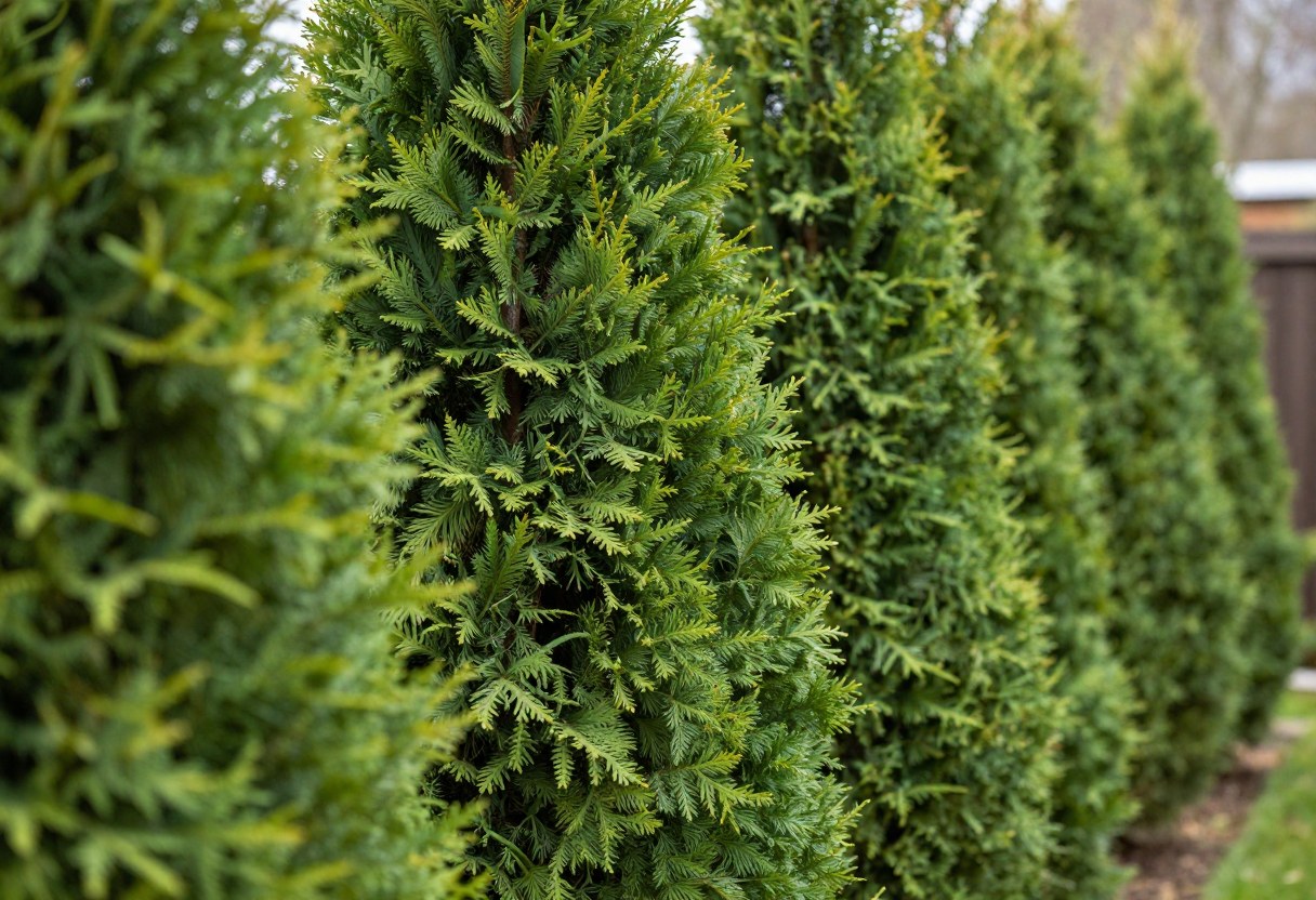 A dense row of mature arborvitae evergreen trees forming a tall green privacy hedge along a backyard fence line