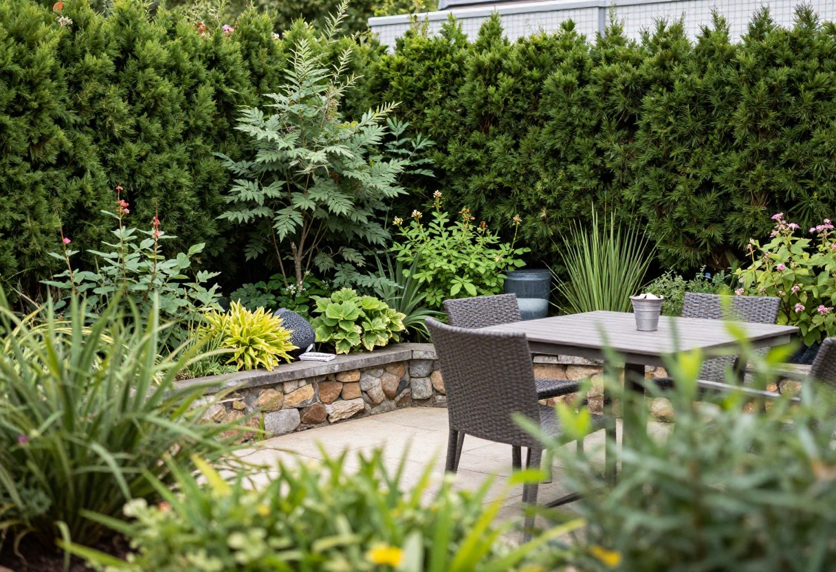 A lush backyard patio enclosed by a tall evergreen hedge with layered plantings, private outdoor seating area