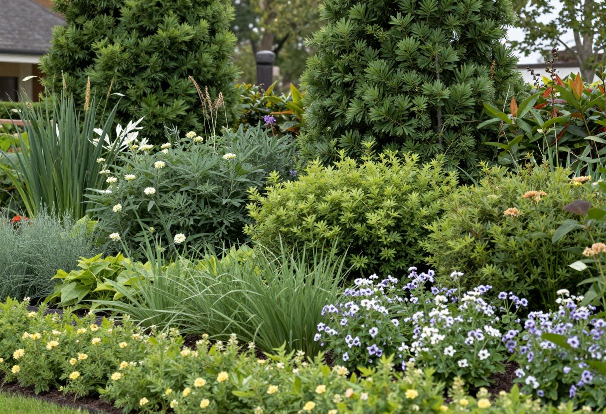 Layered garden privacy design with tall trees in the back, mid-height shrubs in the middle, and low flowering perennials in the foreground