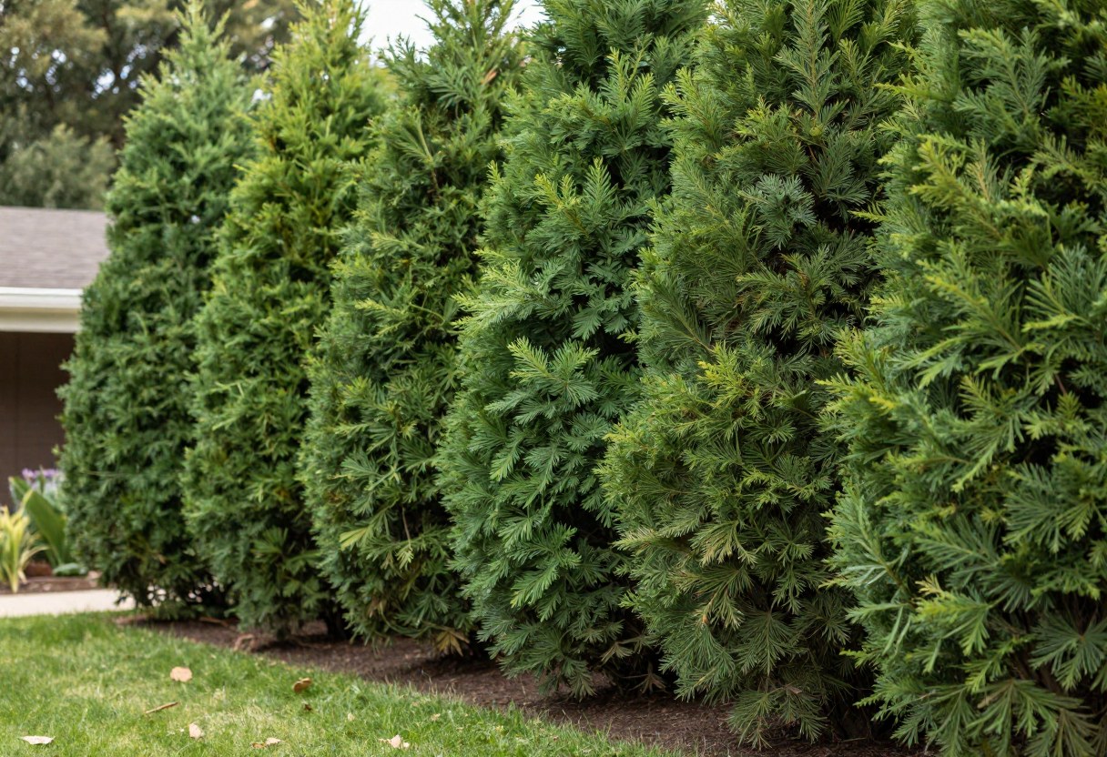 A mature dense row of evergreen privacy trees towering over a backyard lawn, providing complete screening