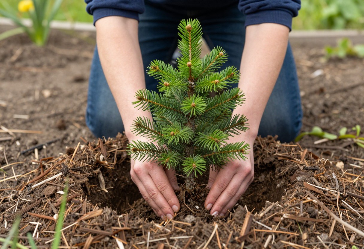 A person's hands planting a young evergreen tree sapling into a freshly dug hole in a garden, mulch ring visible around the base