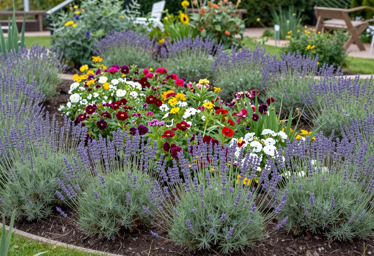 A layered garden design with aromatic shrubs and lavender at the perimeter and colorful perennials in protected inner beds