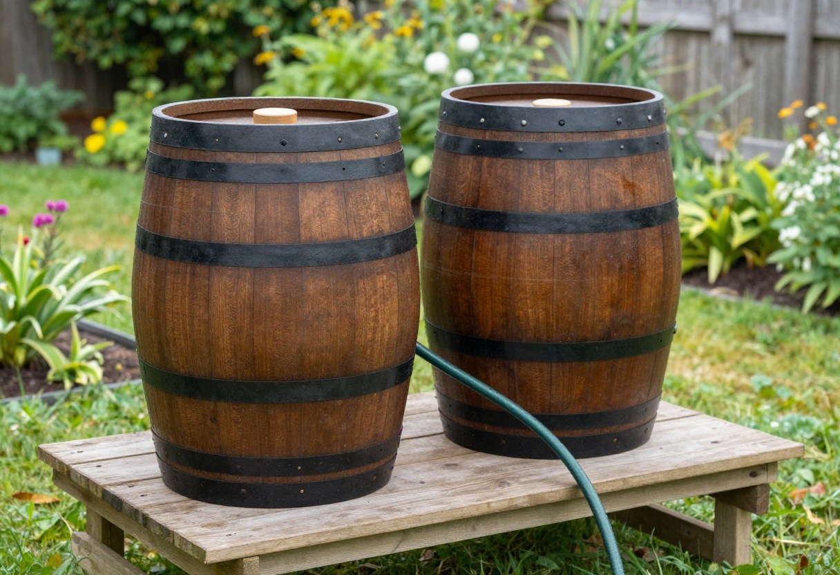 Two rain barrels linked together on an elevated wooden platform in a garden, connected by a hose