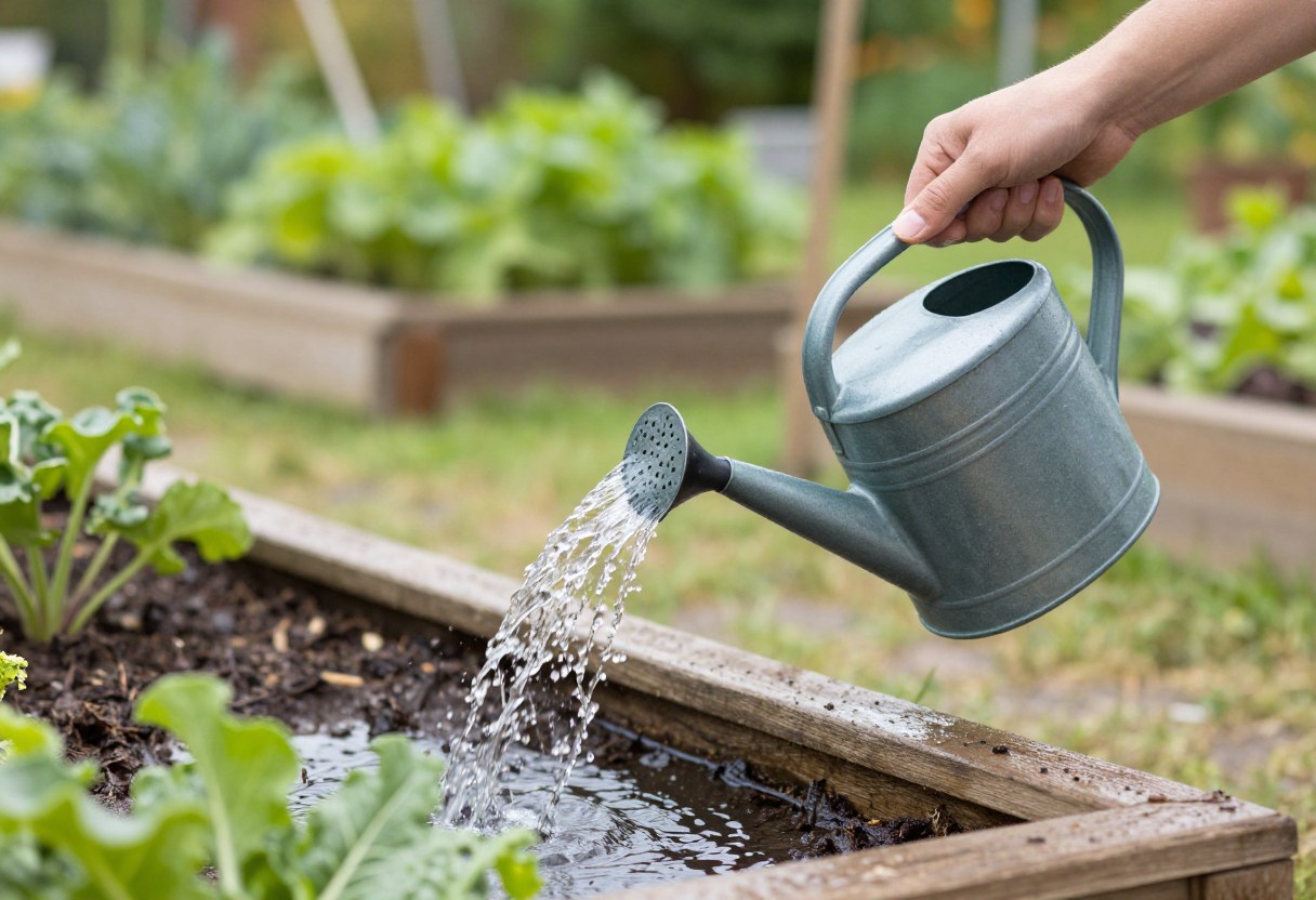 Watering a raised vegetable garden bed with a watering can filled with rainwater