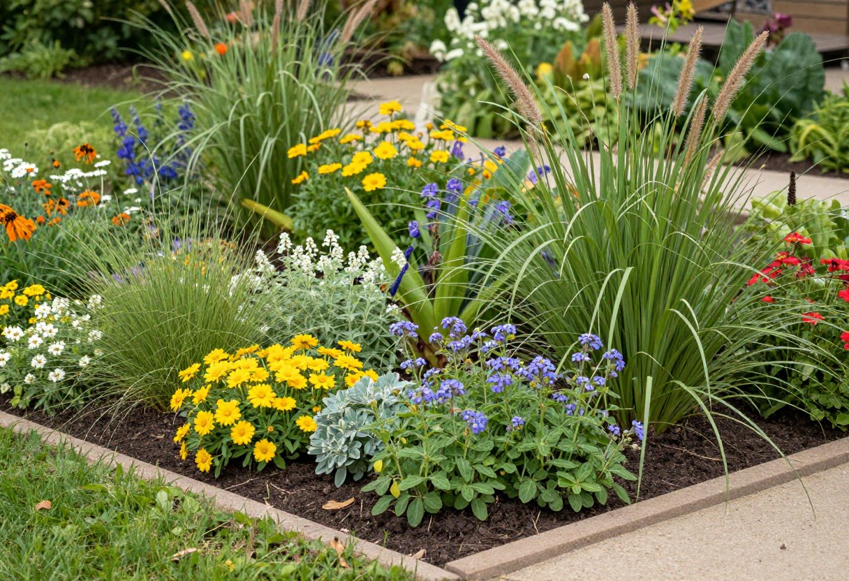 A shallow planted rain garden depression filled with blooming native perennials and ornamental grasses