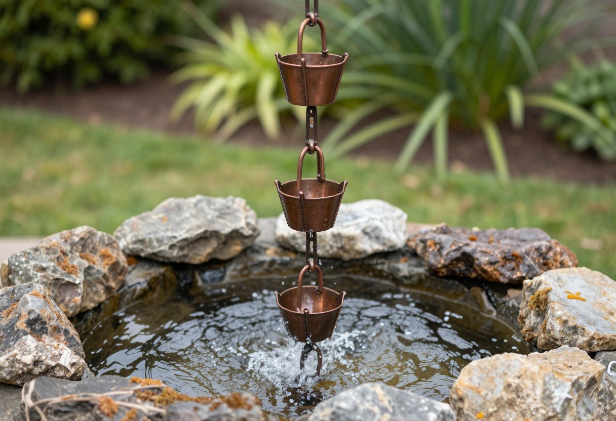 A decorative copper rain chain with water flowing down into a rock-lined splash basin in a garden