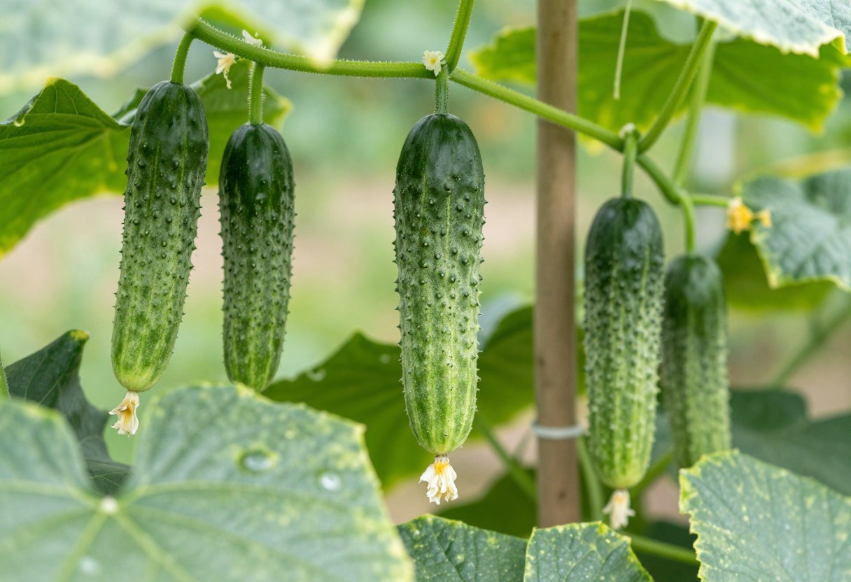 Cucumbers growing on a vertical garden trellis, several ripe green cucumbers hanging among leaves