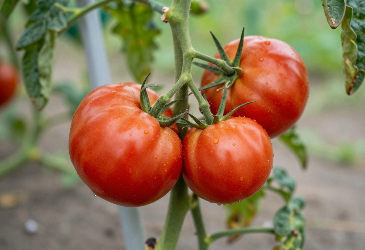 Ripe red roma paste tomatoes growing on a vine in a garden
