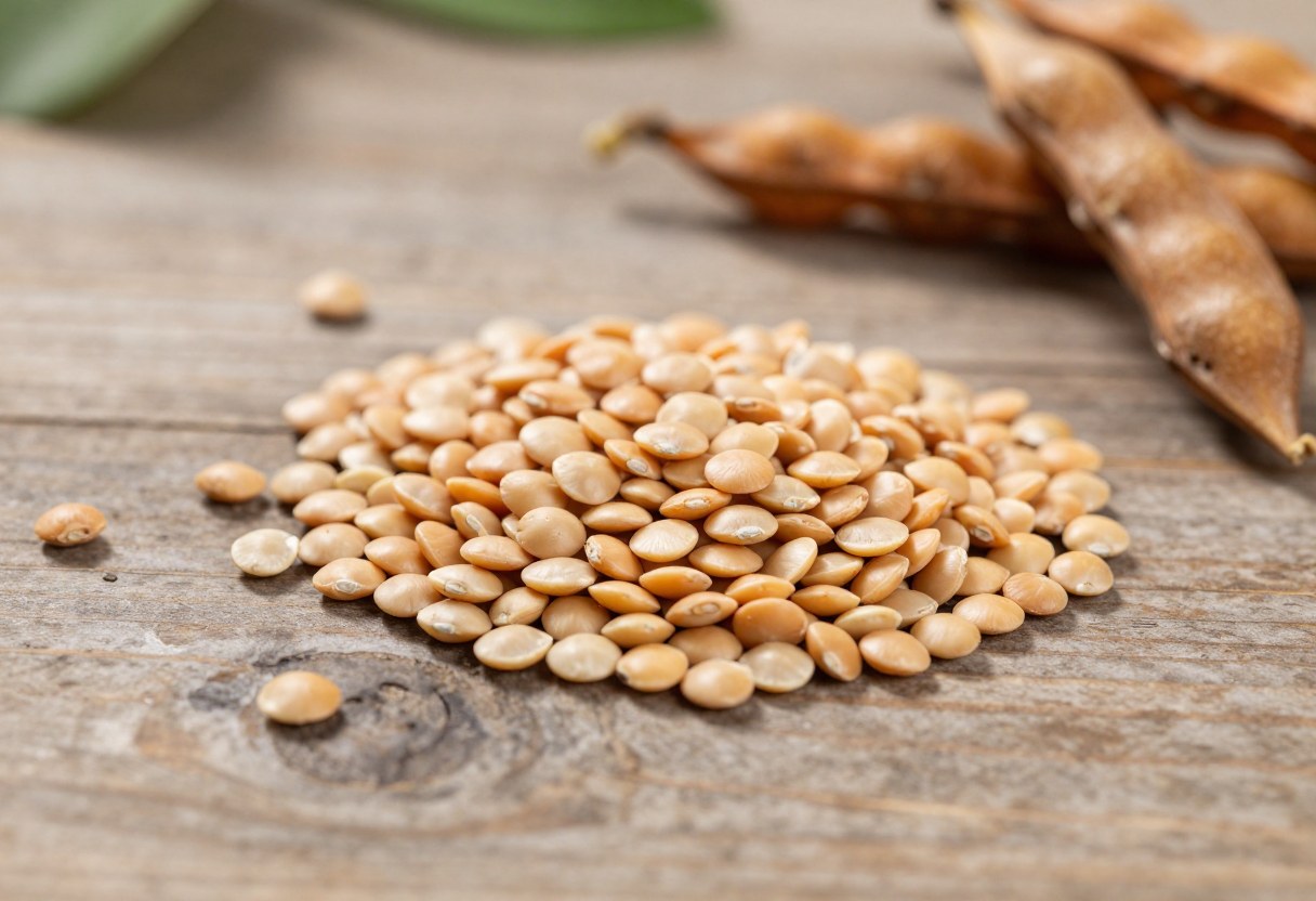 Dried bean seeds and brown pea pods scattered on a rustic wooden table