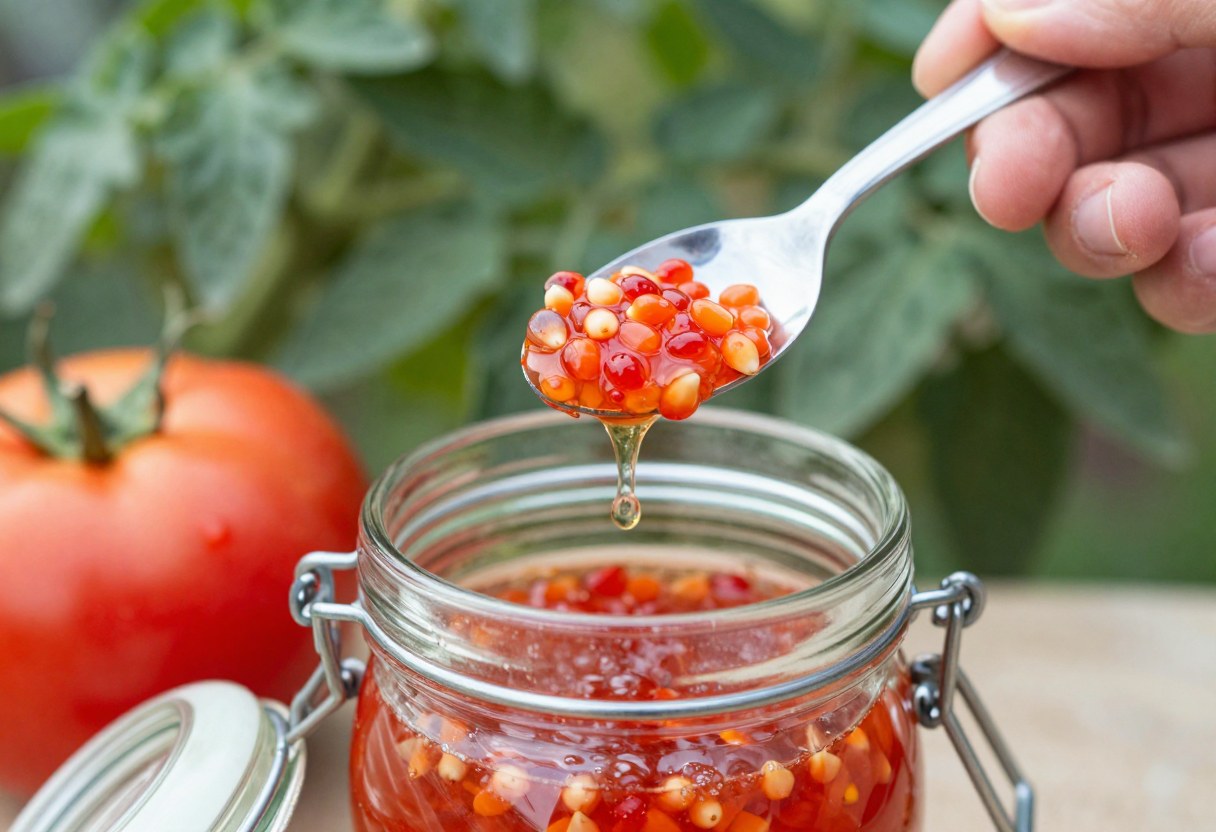 Close up of a hand scooping tomato seeds and gel from a ripe tomato into a glass jar