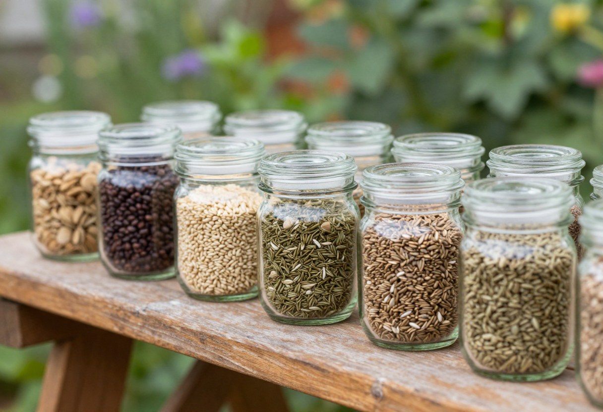 Small glass jars filled with different types of saved garden seeds arranged on a rustic wooden shelf