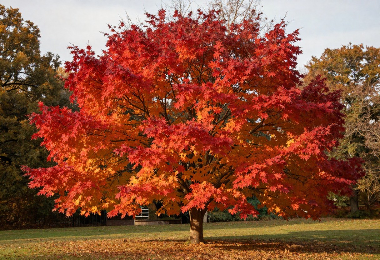 A majestic solitary maple tree in full vivid red and orange autumn foliage standing in an open field