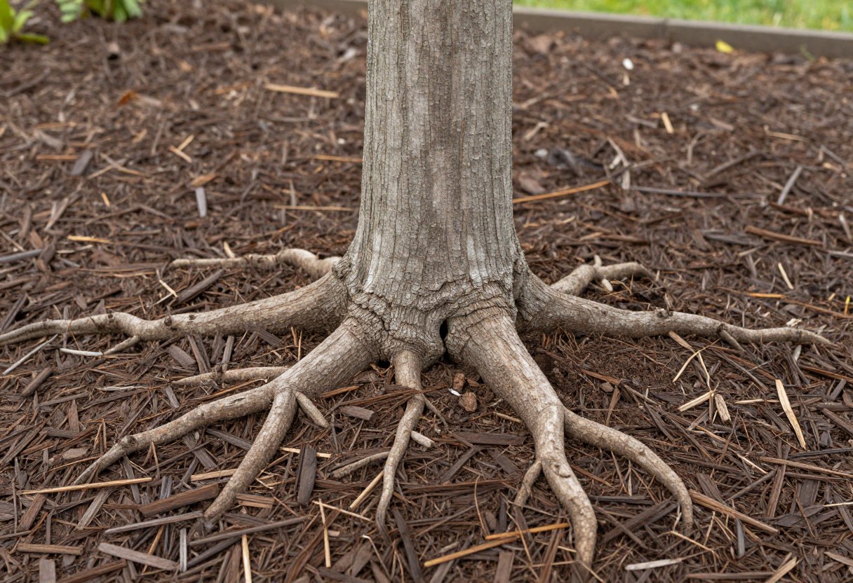 Close-up of a tree trunk base with a clearly visible flaring root collar and mulch kept a clear gap away from the trunk