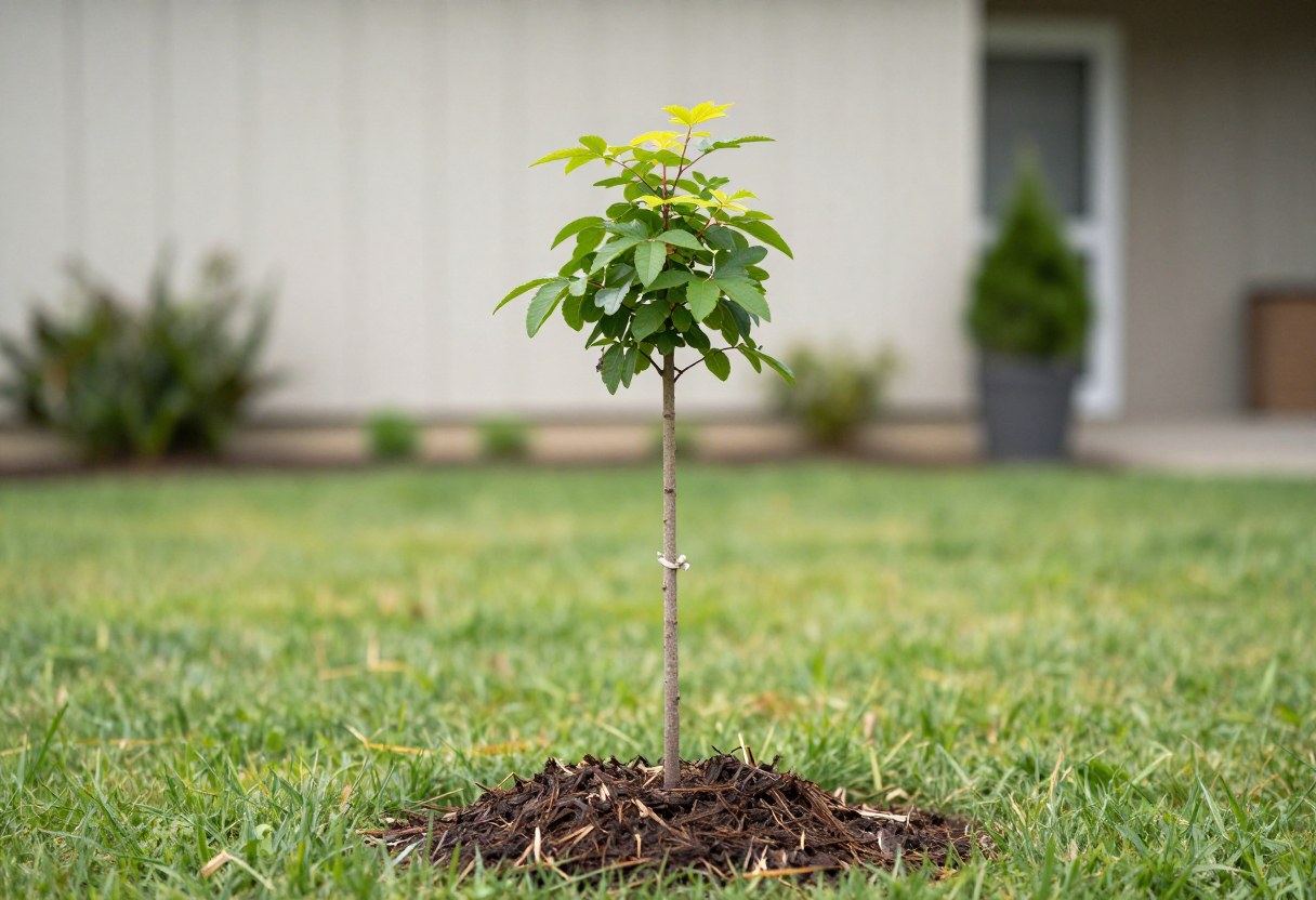 A young newly planted tree sapling staked with soft ties, planted in a mulched circle a generous distance from a house