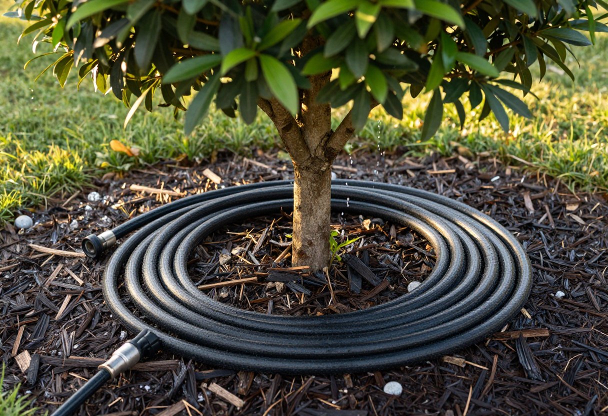 A soaker hose coiled in a spiral around the base of a young tree within its mulch ring, water gently seeping into the mulch