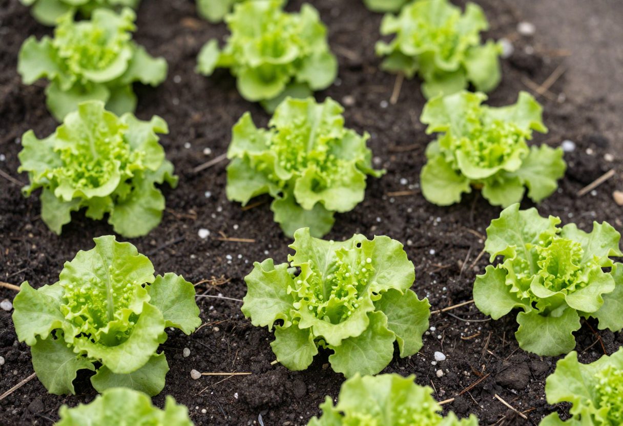 Healthy young lettuce seedlings growing in dark garden soil